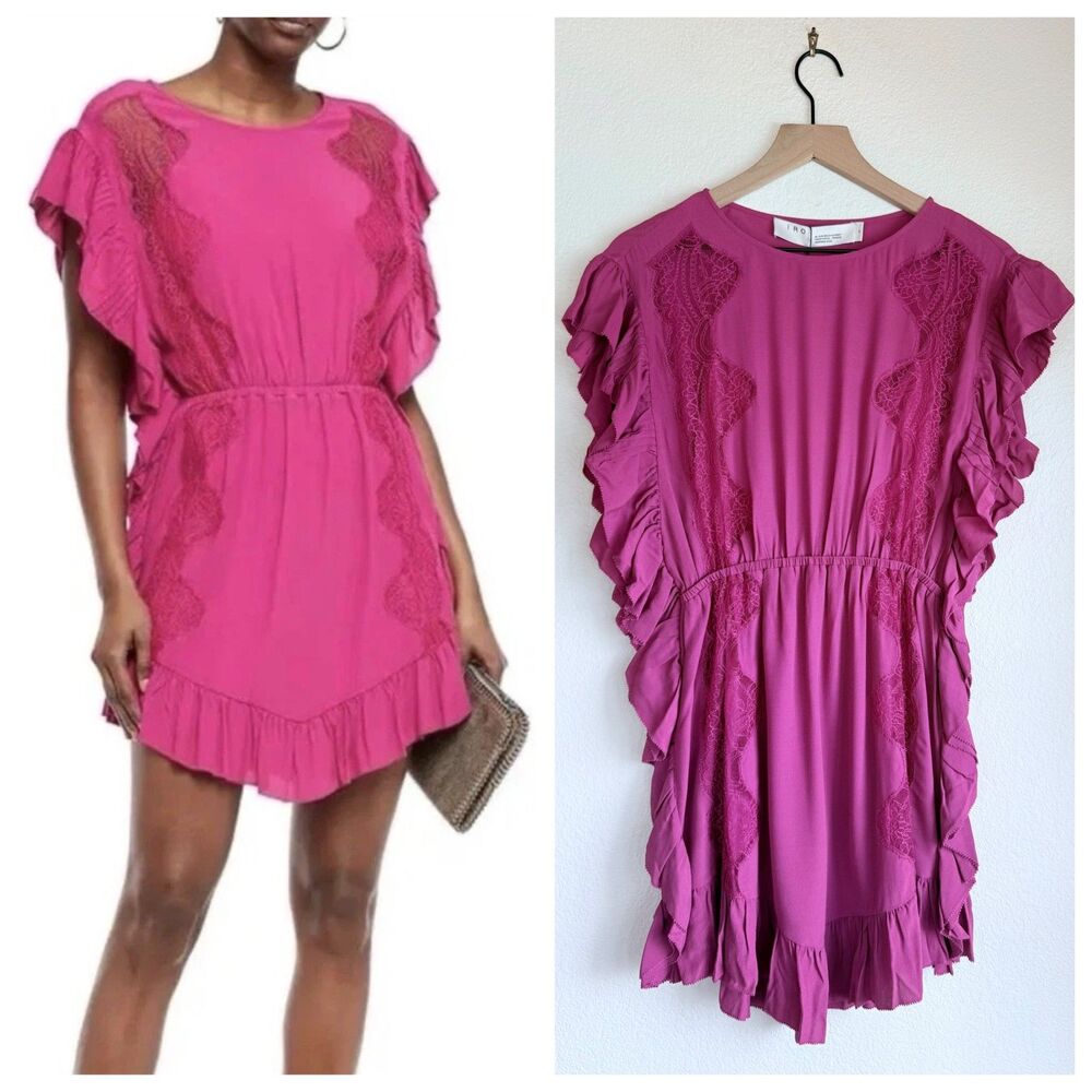 IRO Paris Zestful Lace Trim Mini Dress Fuchsia Pink Ruffle Silk Sz 34 US XS NWT